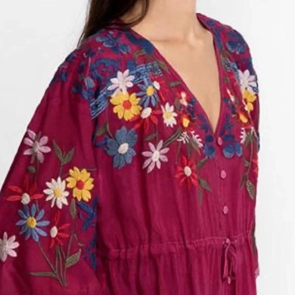 Johnny Was Magenta Floral Embroidered Blouse